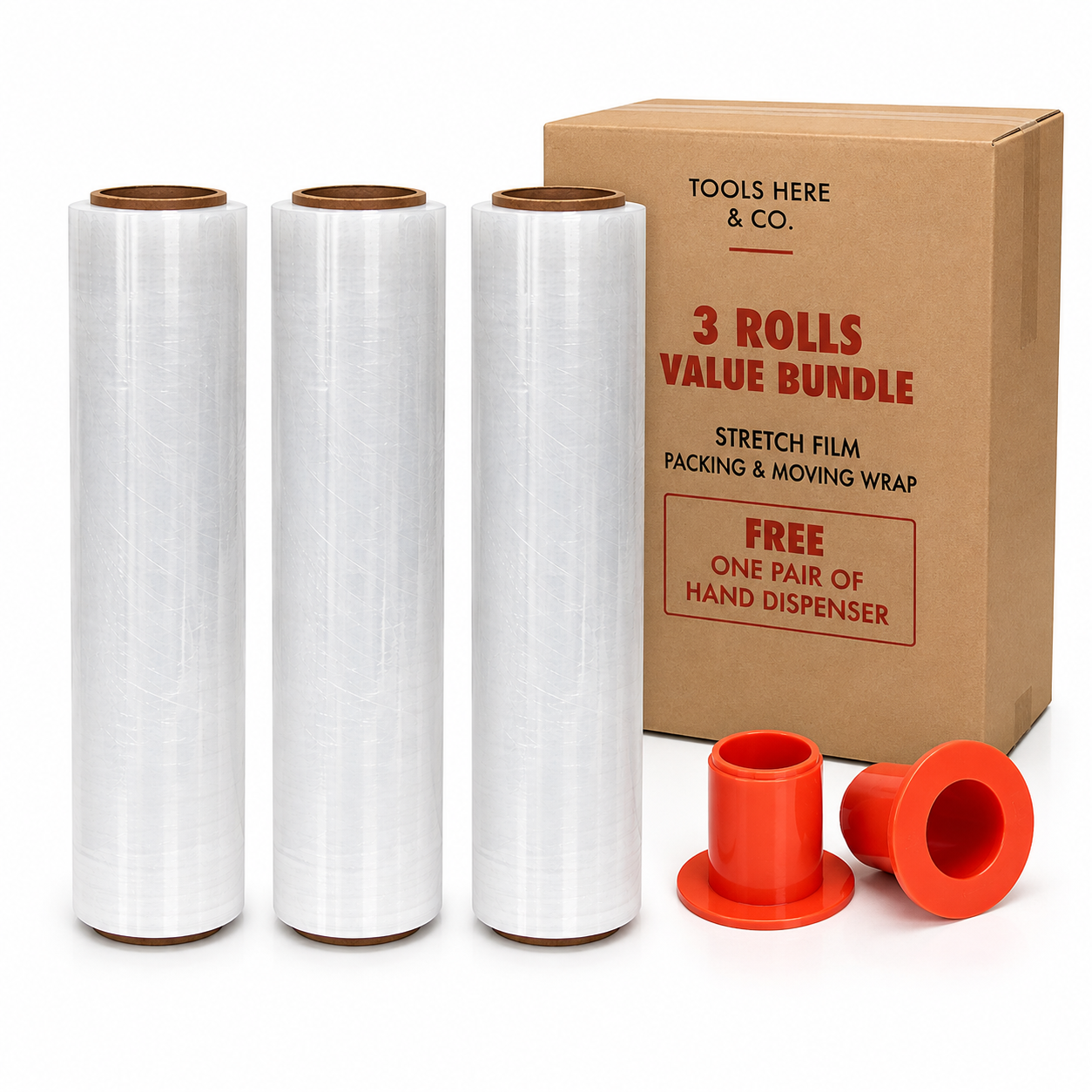 Clear stretch film 3-roll value bundle with free hand dispensers — TOOLS HERE