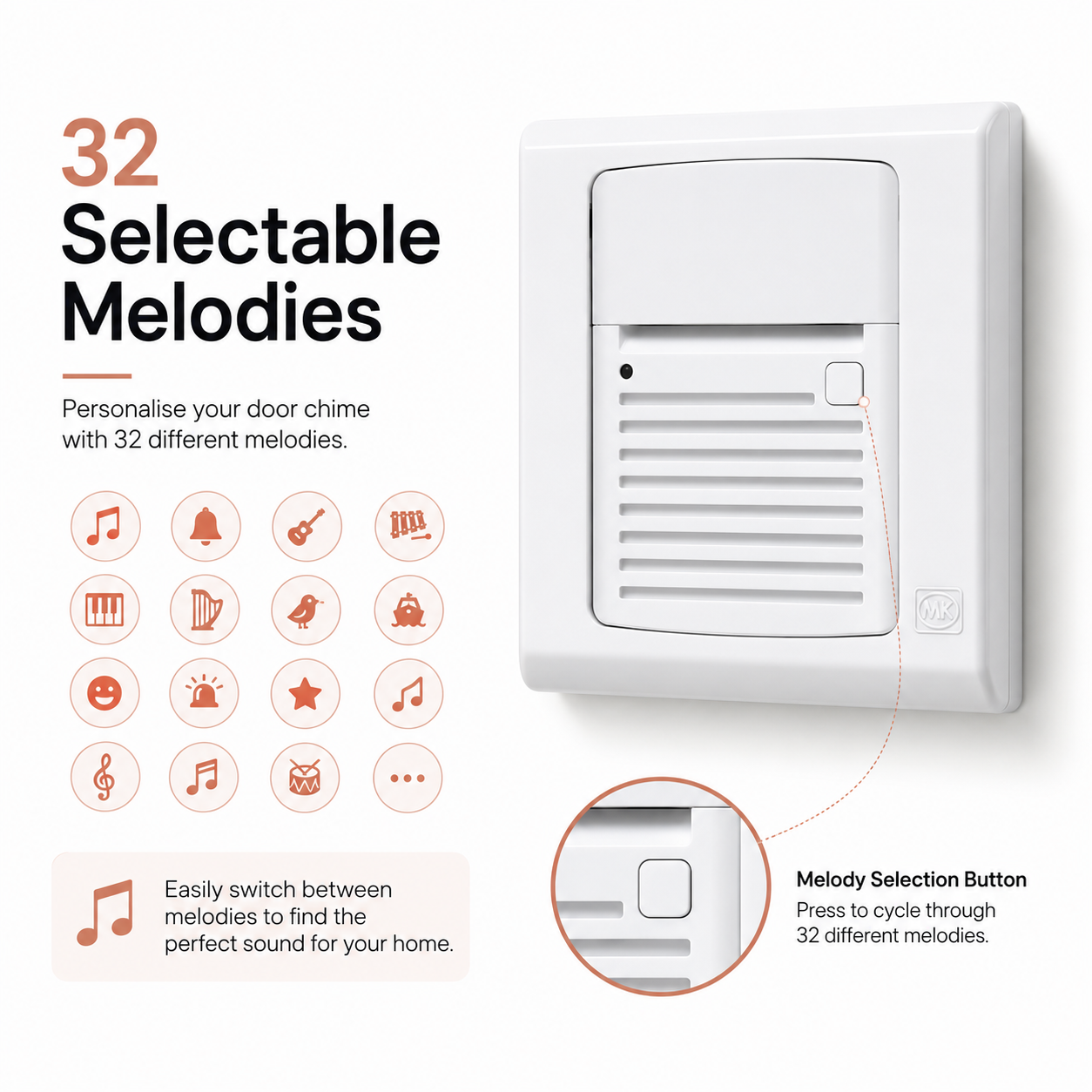 MK SlimLine Plus door bell chime with optional white backing case