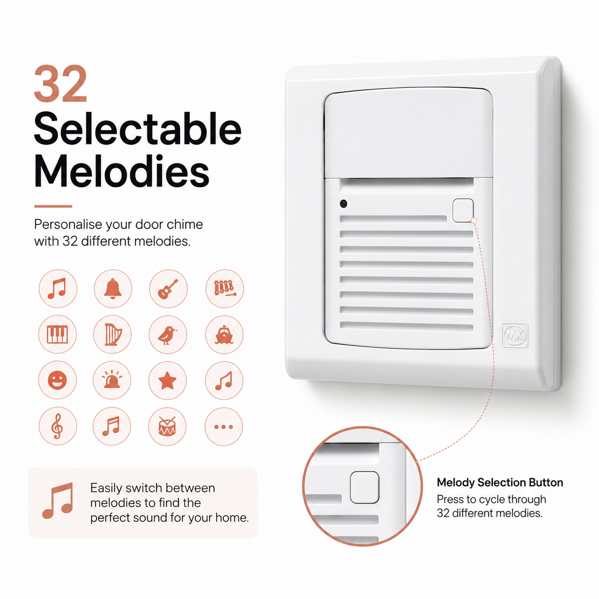 MK SlimLine Plus door bell chime with optional white backing case