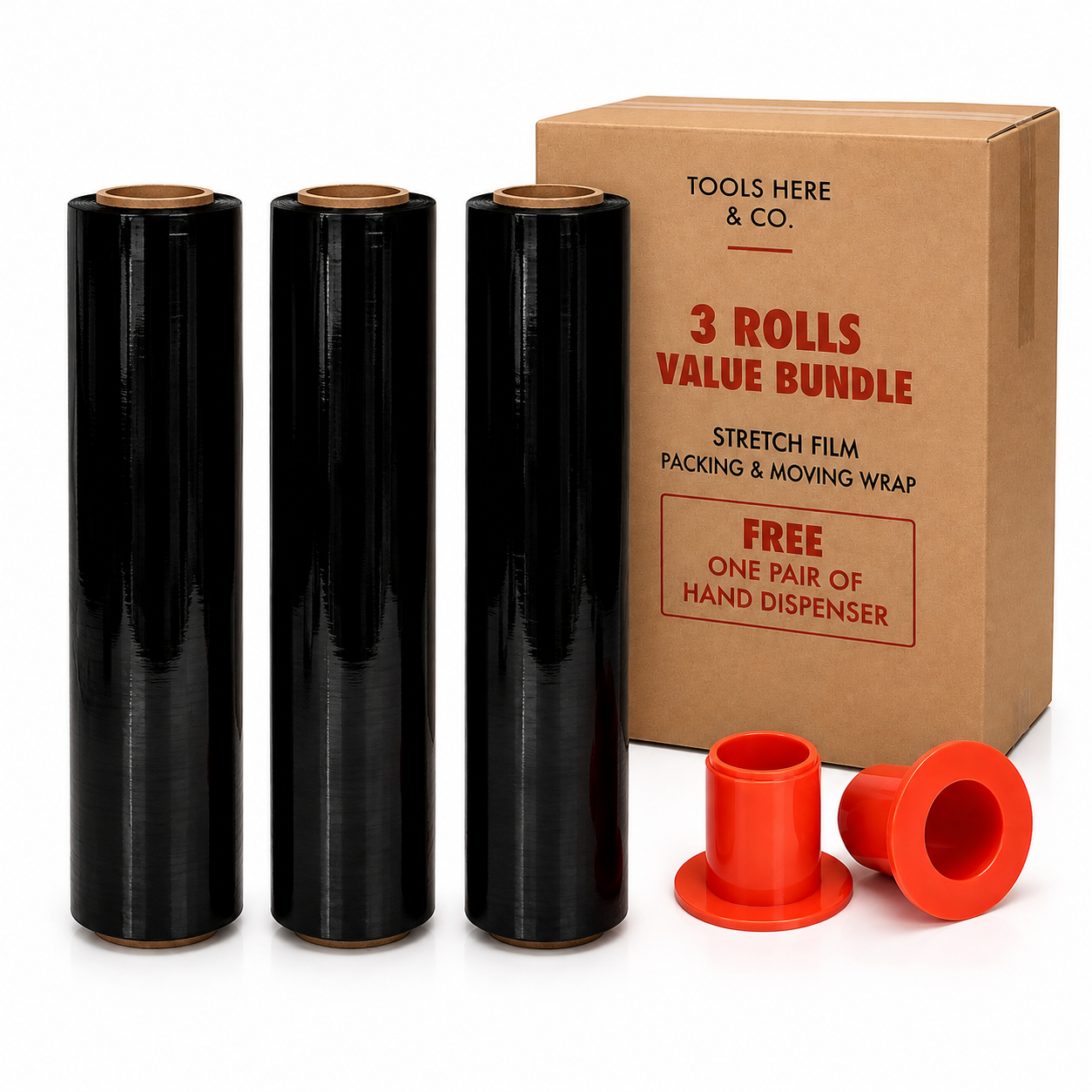 Black stretch film 3-roll value bundle with free hand dispensers — TOOLS HERE