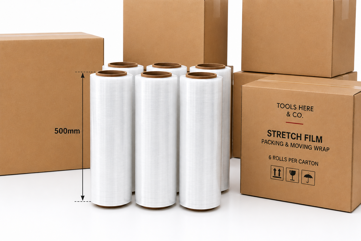 Six clear stretch film rolls with 500mm height shown — TOOLS HERE