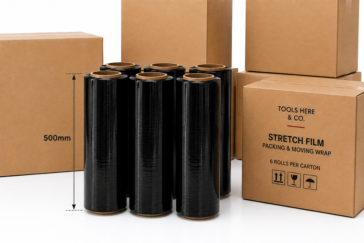 Six black stretch film rolls with 500mm height shown — TOOLS HERE