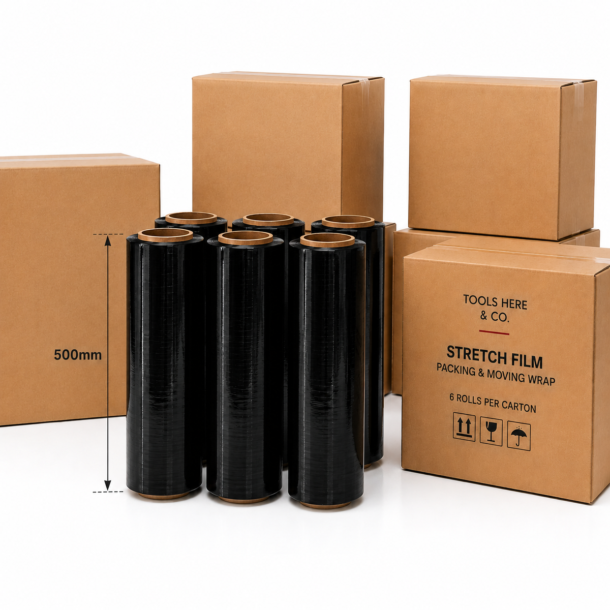 Six black stretch film rolls displayed in front of brown cardboard packaging boxes on a white studio background, with a vertical measurement marker indicating 500mm.