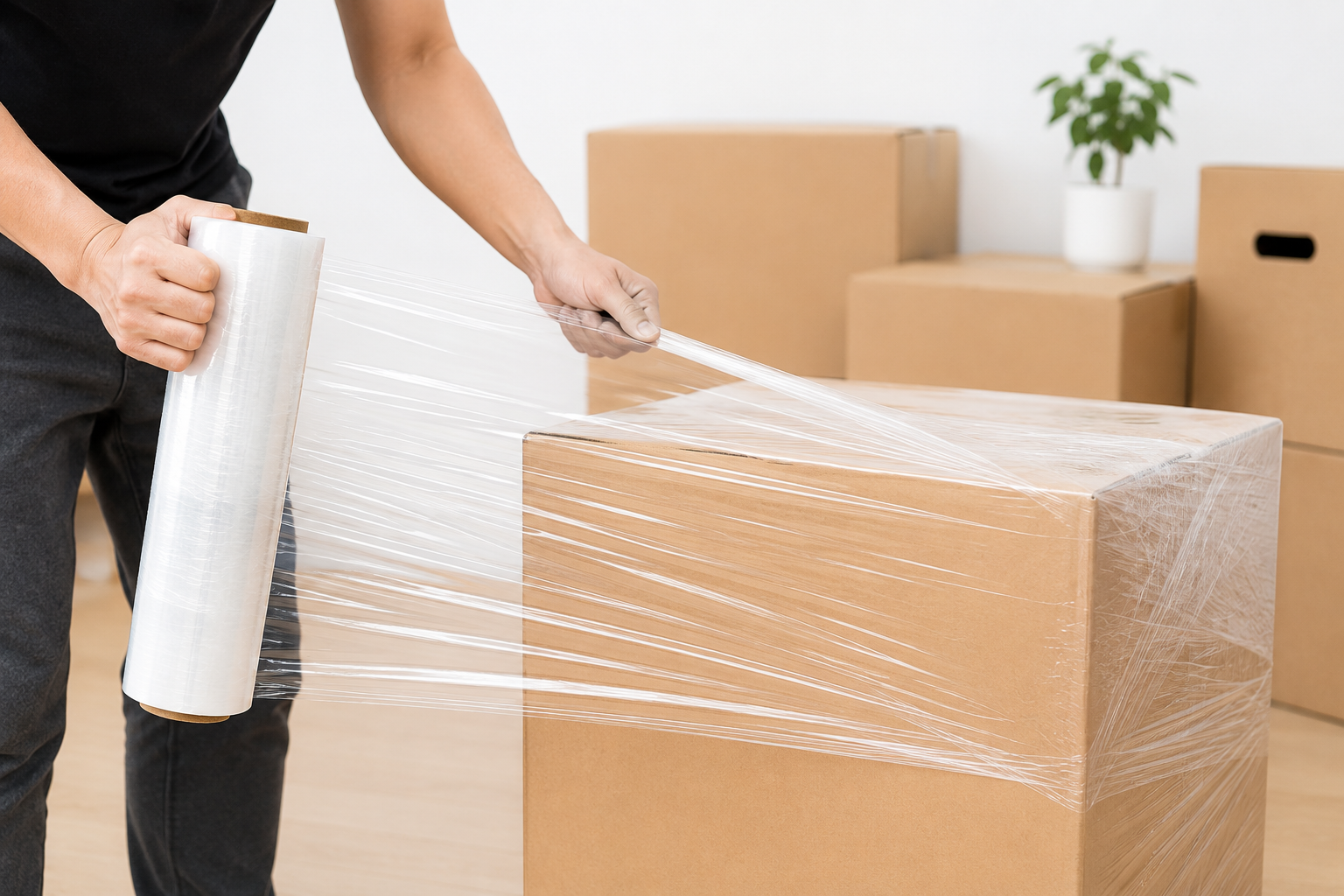 A person wrapping a brown cardboard box with Clear stretch film in a bright room