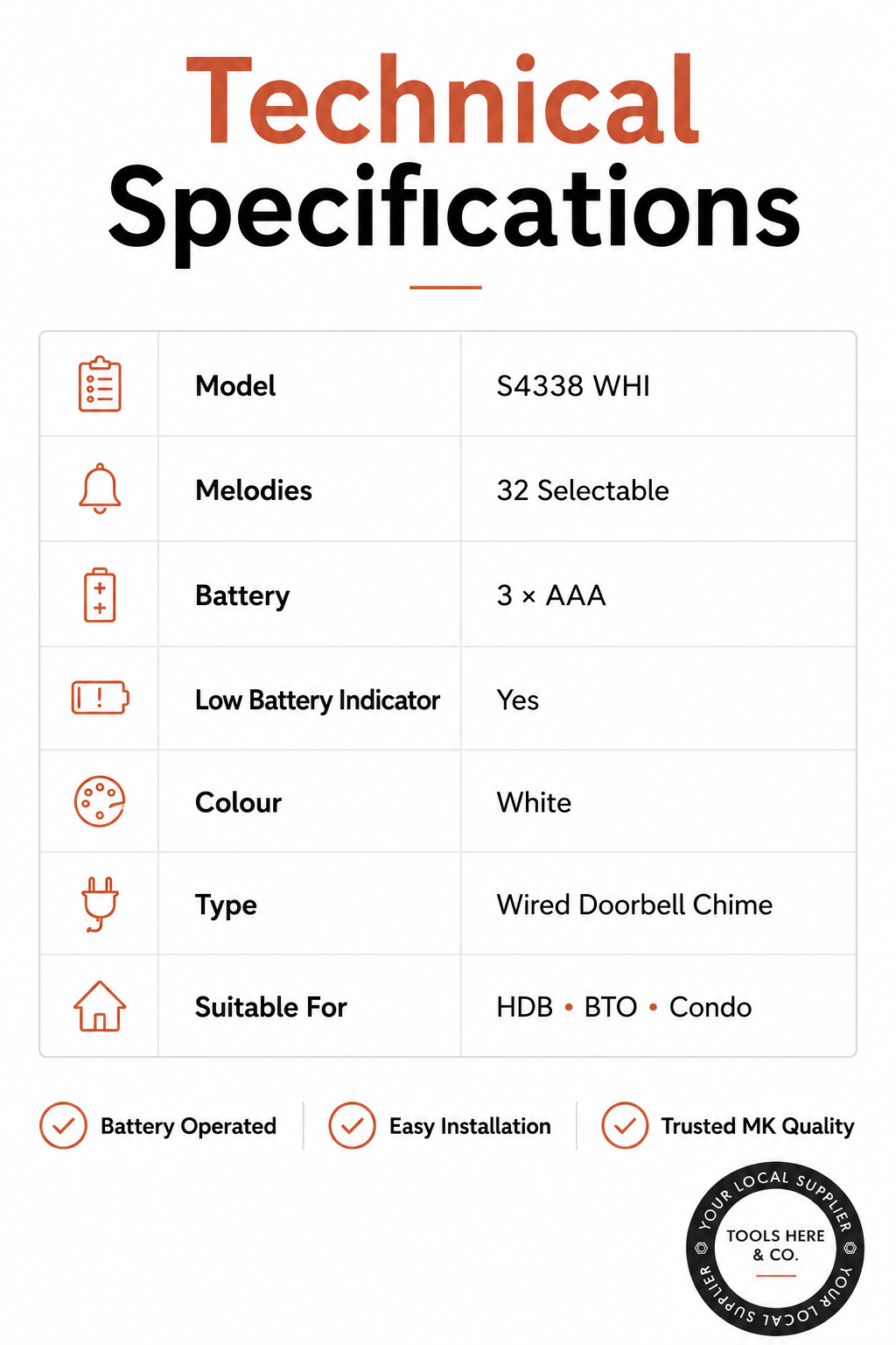 Technical specifications chart for a wired doorbell chime. The chart lists details such as model (S4338 WHI), number of melodies (32 selectable), battery (3 x AAA), low battery indicator (Yes), color (White), type (Wired Doorbell Chime), and suitable for (HDB, BTO, Condo).