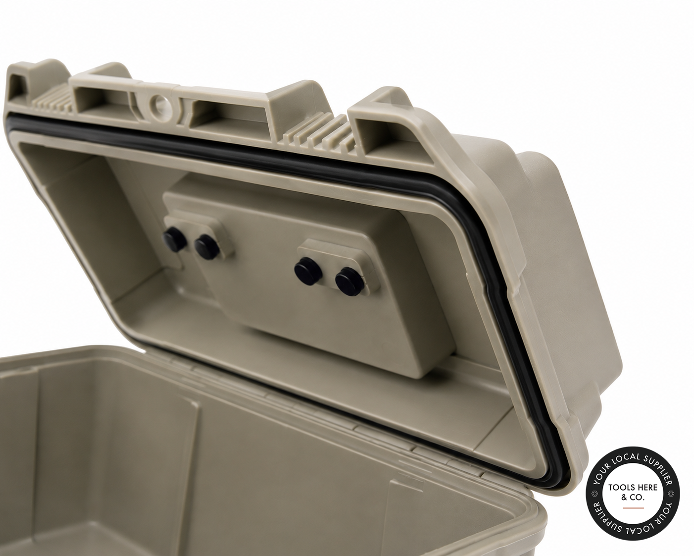 Close-up of a beige hard plastic storage case with the lid open, showing a black rubber seal
