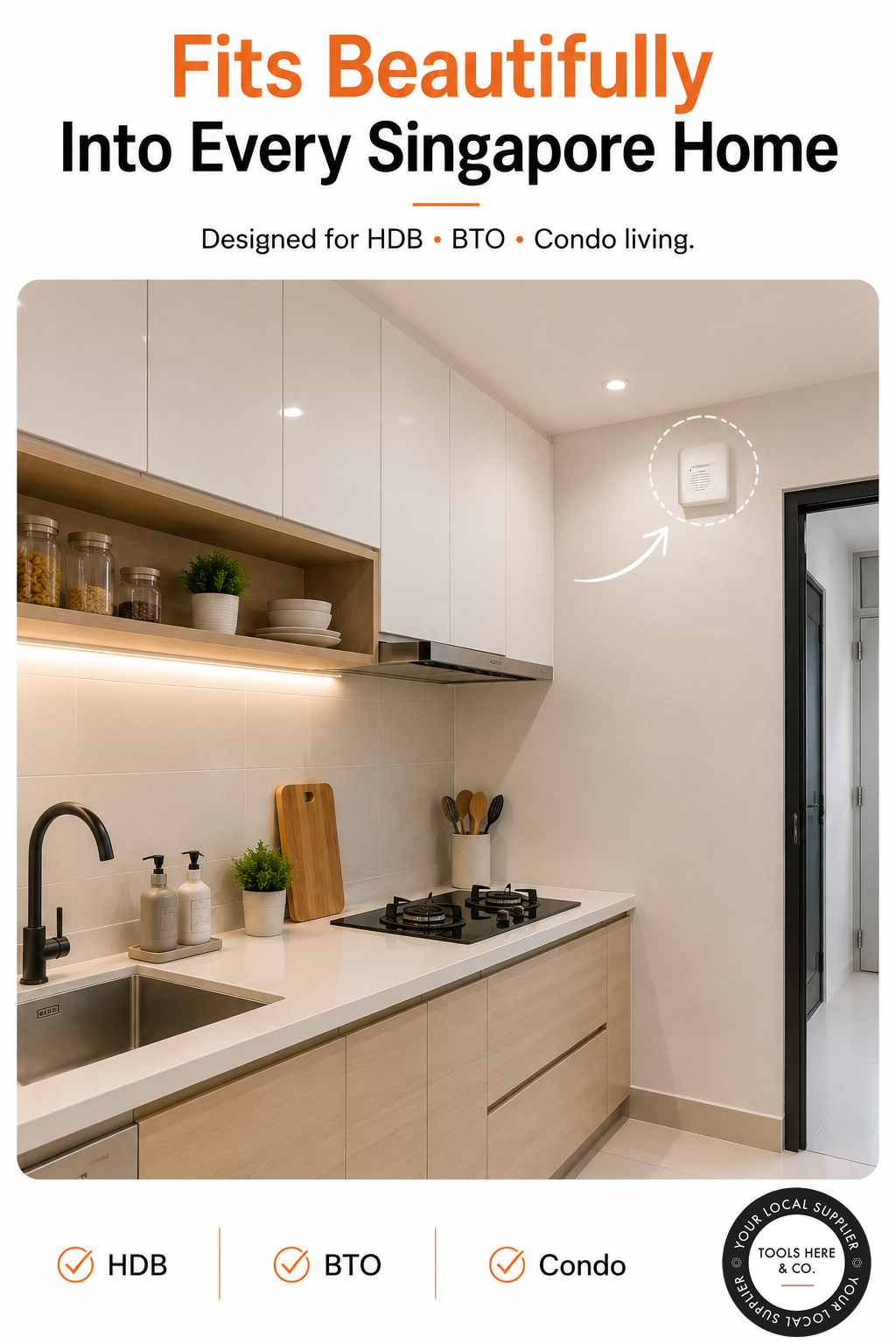 Promotional graphic for a modern wall-mounted kitchen island control panel, showing a clean kitchen interior with white cabinets, a black stovetop, and an inset of the round control panel on the wall. Text at the top reads 'Fits Beautifully Into Every Singapore Home' and the bottom shows HDB, BTO, and Condo checkmarks.