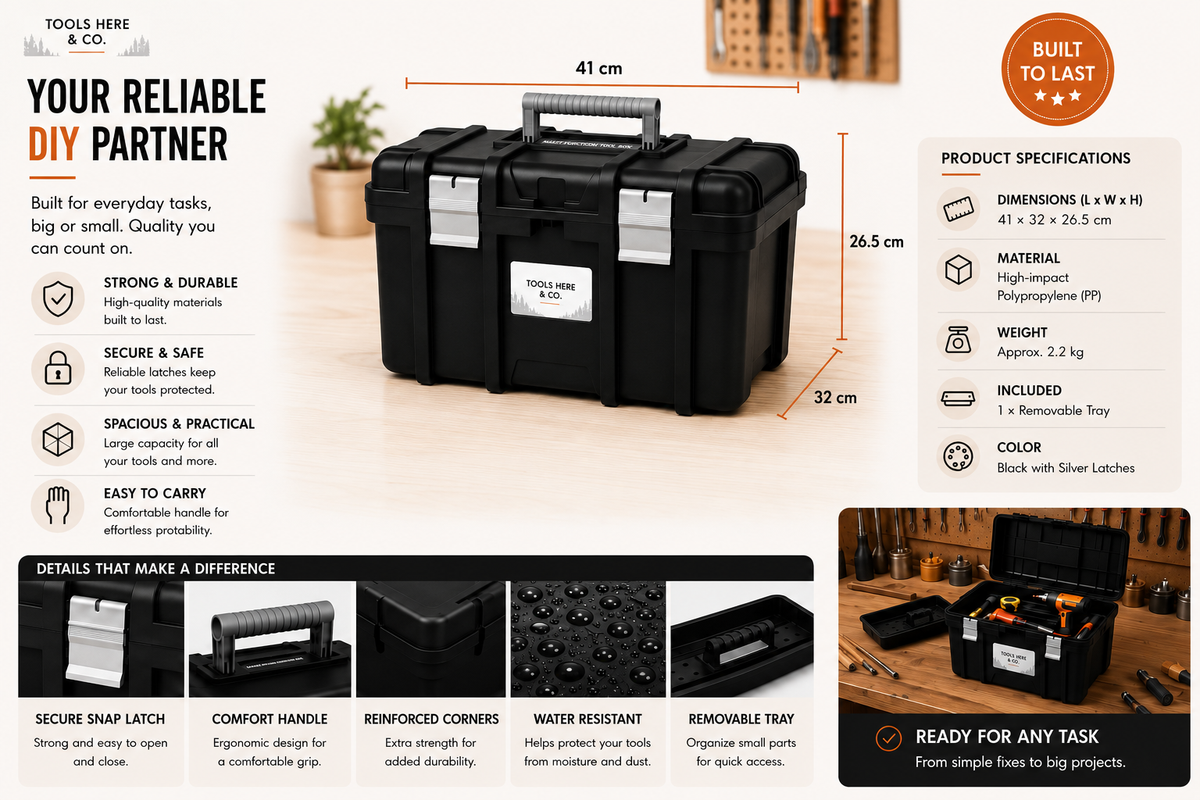 TOOLS HERE Jumbo Toolbox showing home, DIY, car and storage uses