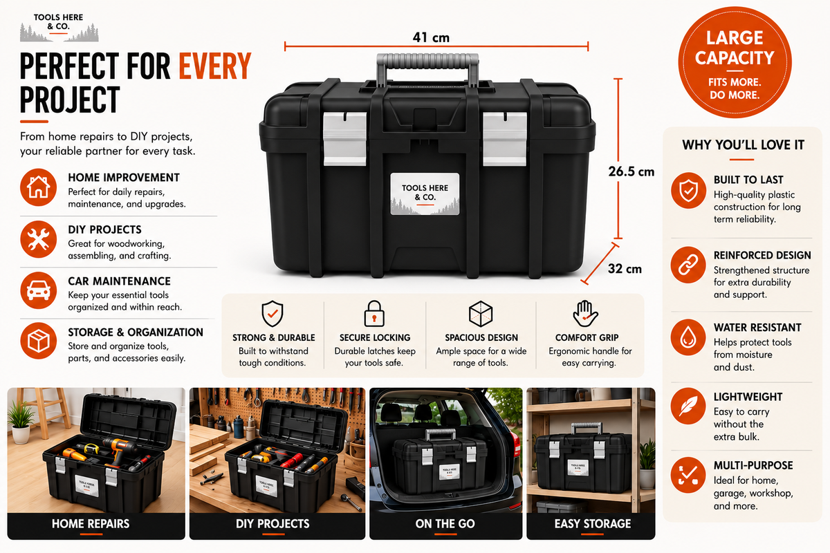 TOOLS HERE Jumbo Toolbox product overview with 41 × 32 × 26.5 cm dimensions