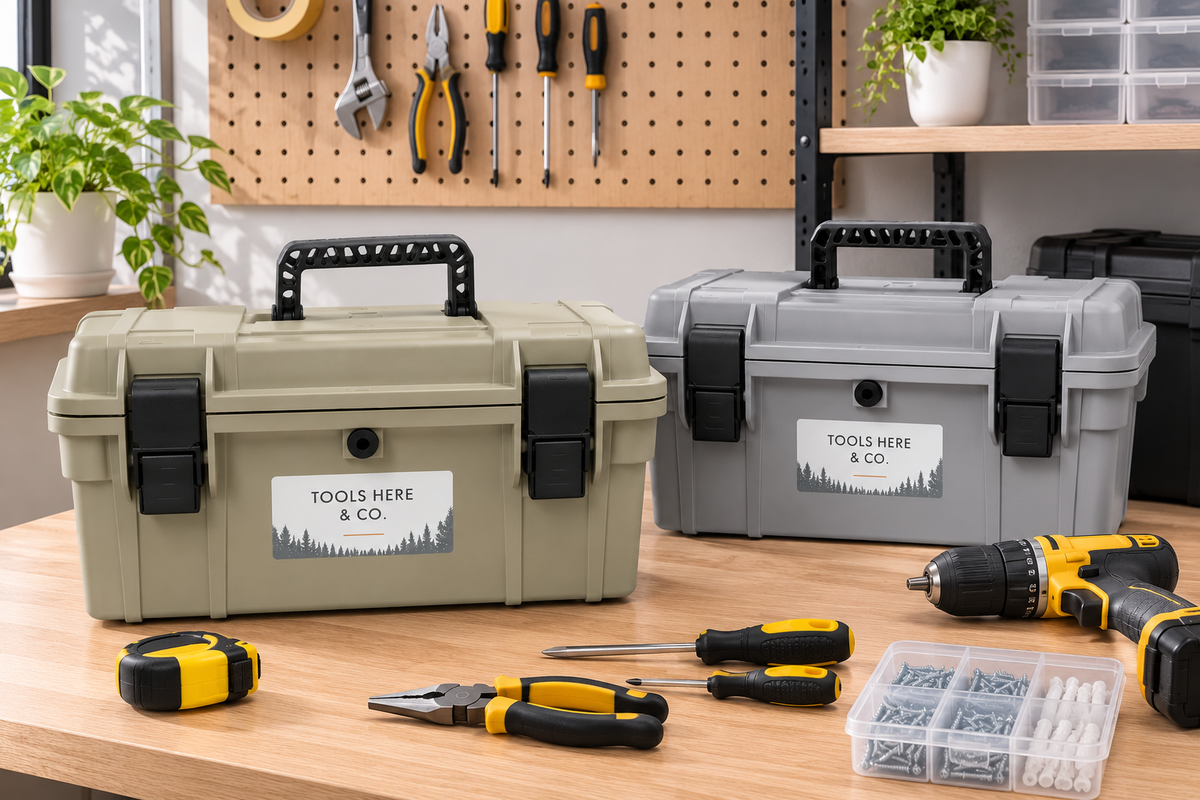 18-inch rubber-sealed toolboxes in olive green and grey displayed on a workbench with hand tools
