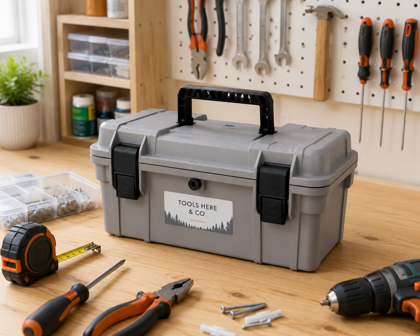 18-inch rubber-sealed toolbox in grey on a workbench with hand tools and power tools