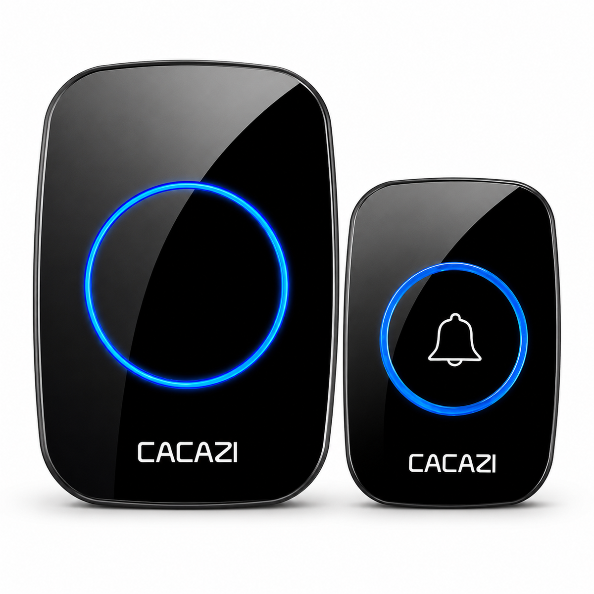 CACAZI A10-DC battery operated wireless doorbell in black with receiver and transmitter