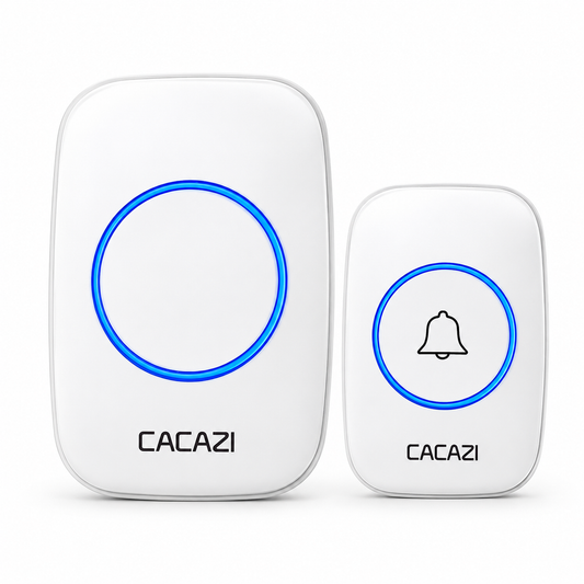 CACAZI A10-DC battery operated wireless doorbell in white with receiver and transmitter