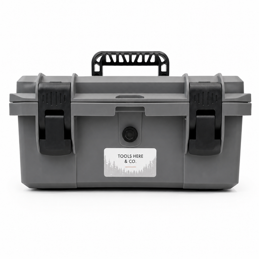 18-inch rubber-sealed toolbox in grey with dual front latches and padlock-compatible latch