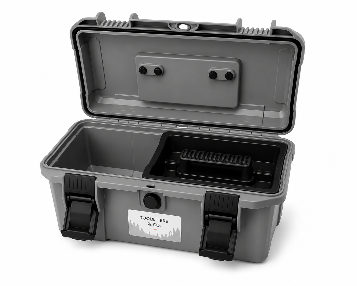 18-inch rubber-sealed toolbox in grey open showing removable tray and spacious lower storage compartment
