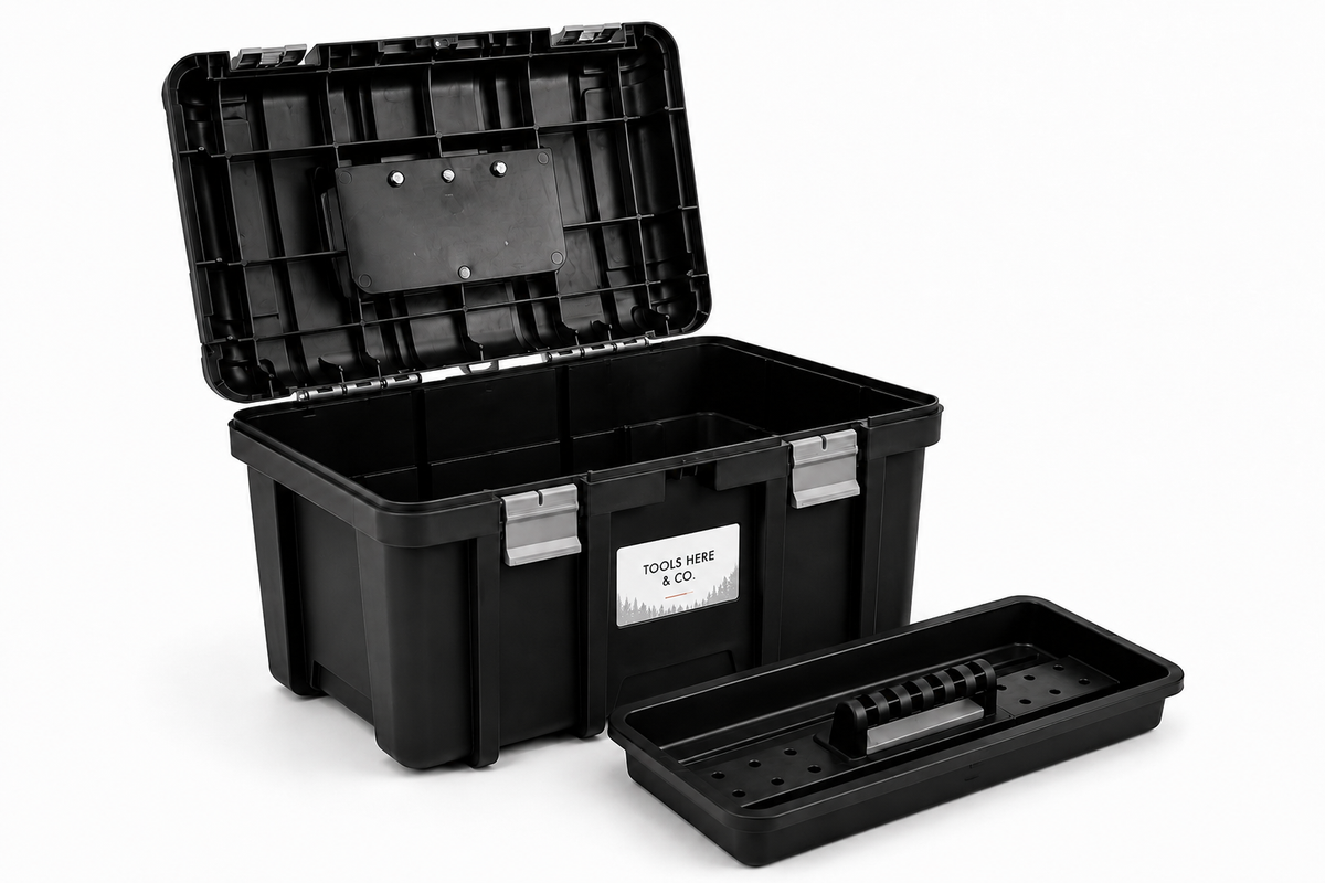 TOOLS HERE Jumbo Toolbox open with removable tray