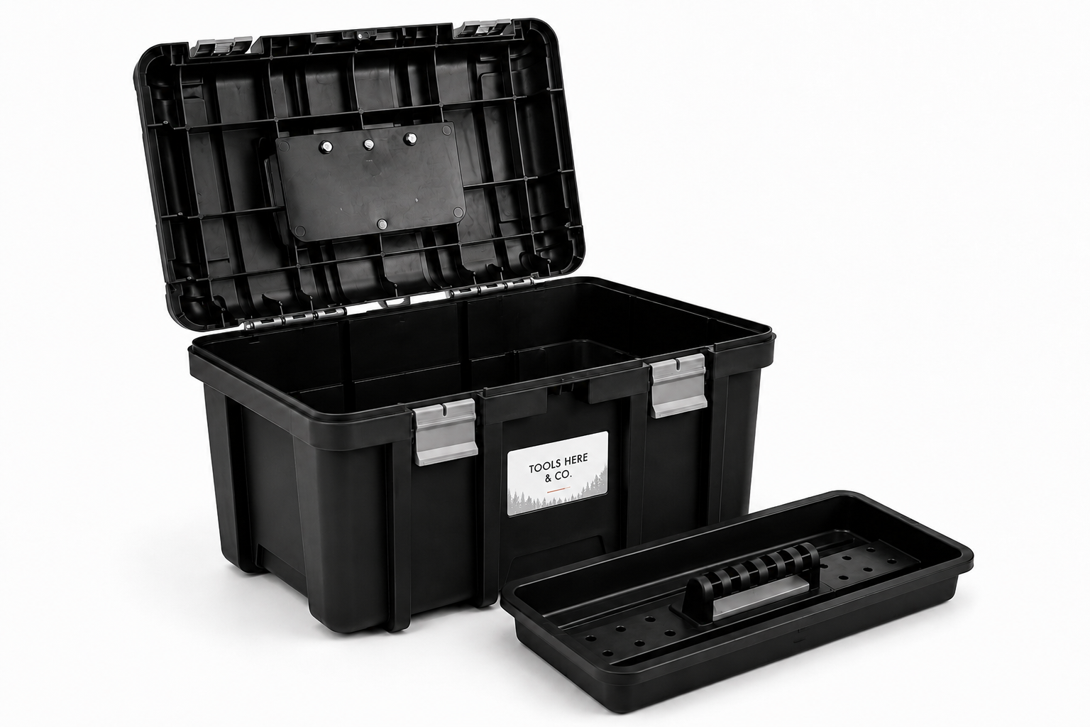 TOOLS HERE Jumbo Toolbox open with removable tray