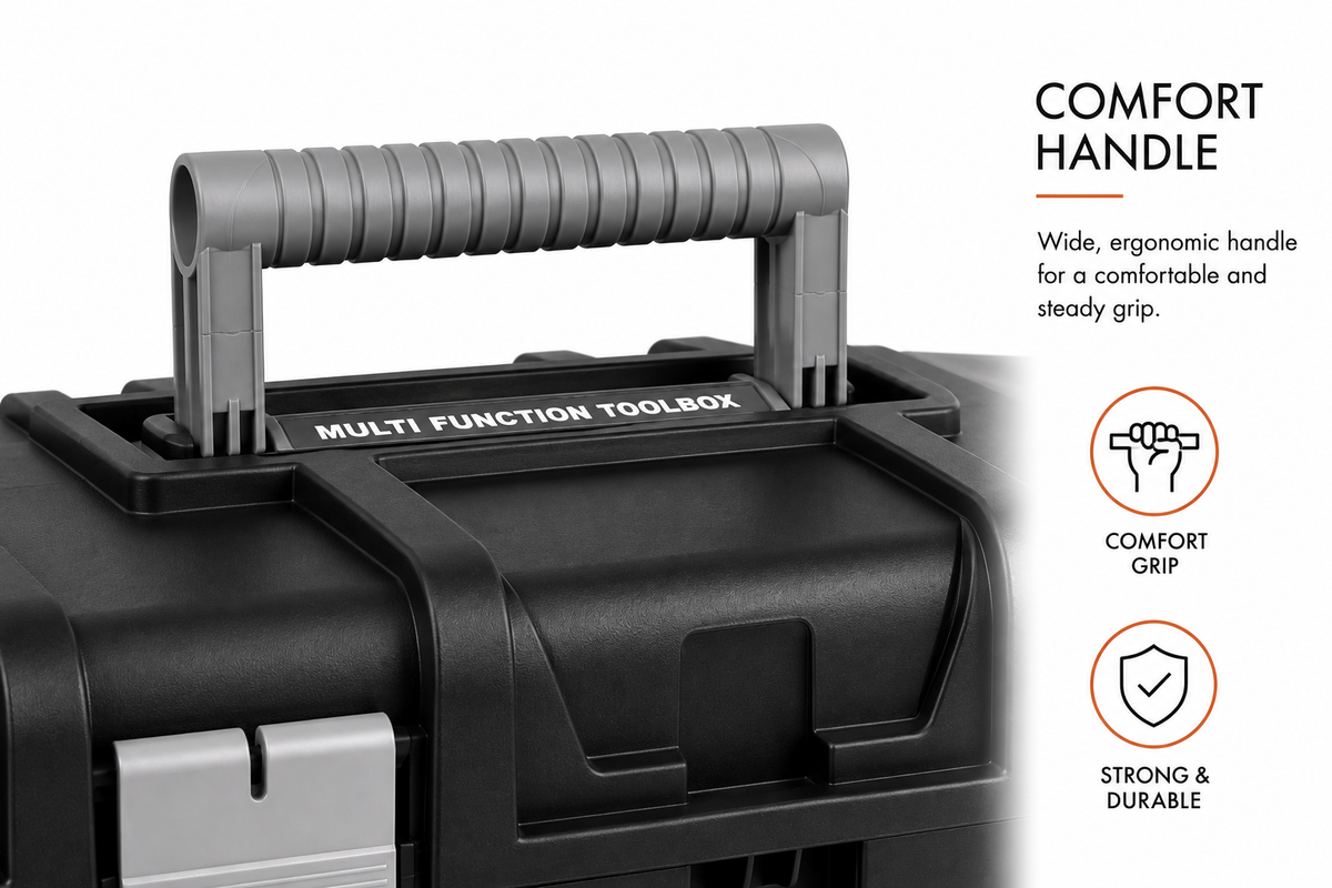 TOOLS HERE Jumbo Toolbox carry handle close-up