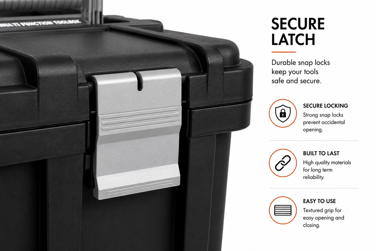 TOOLS HERE Jumbo Toolbox plastic latch close-up