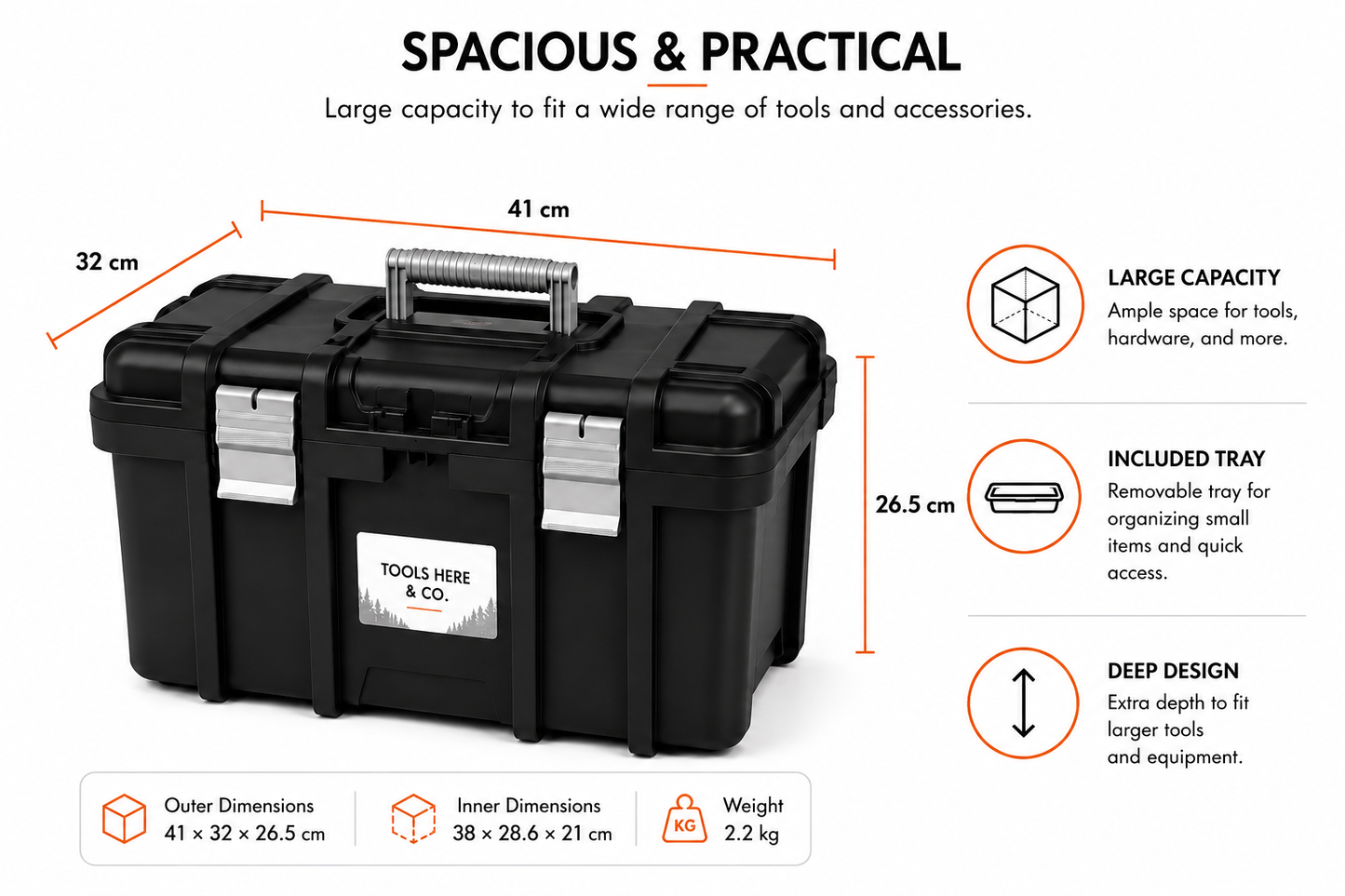 TOOLS HERE Jumbo Toolbox showing 41 × 32 × 26.5 cm dimensions