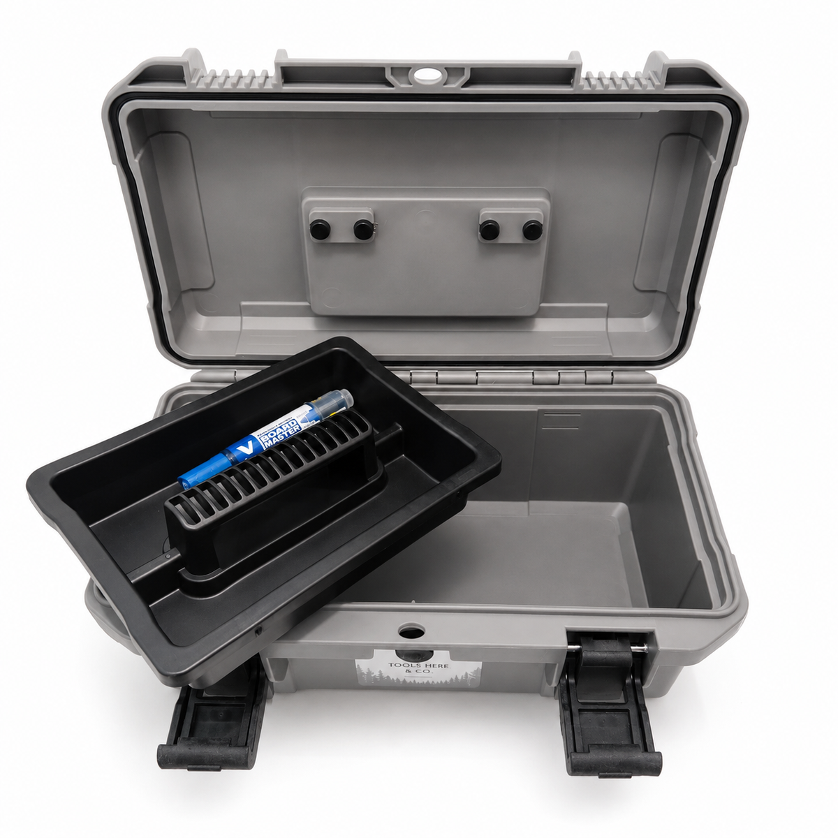 18-inch rubber-sealed toolbox in grey open showing removable tray and spacious lower storage compartment