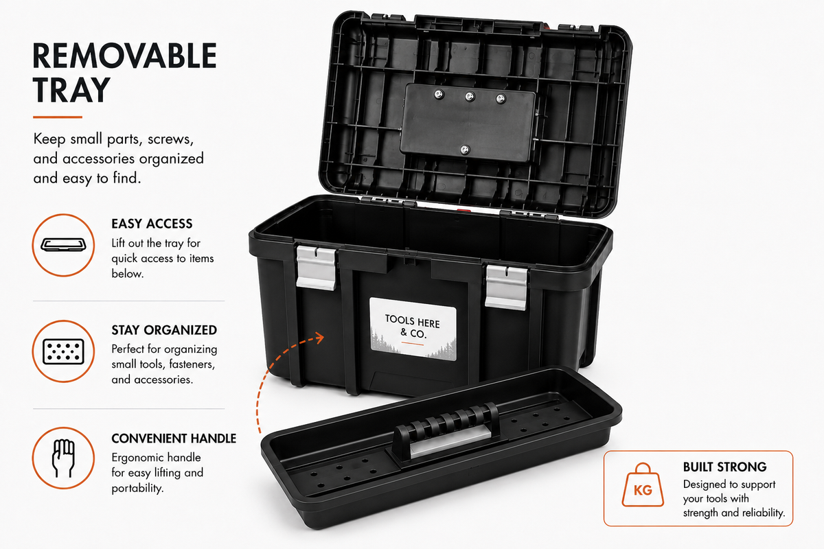 TOOLS HERE Jumbo Toolbox open with removable tray and storage compartments