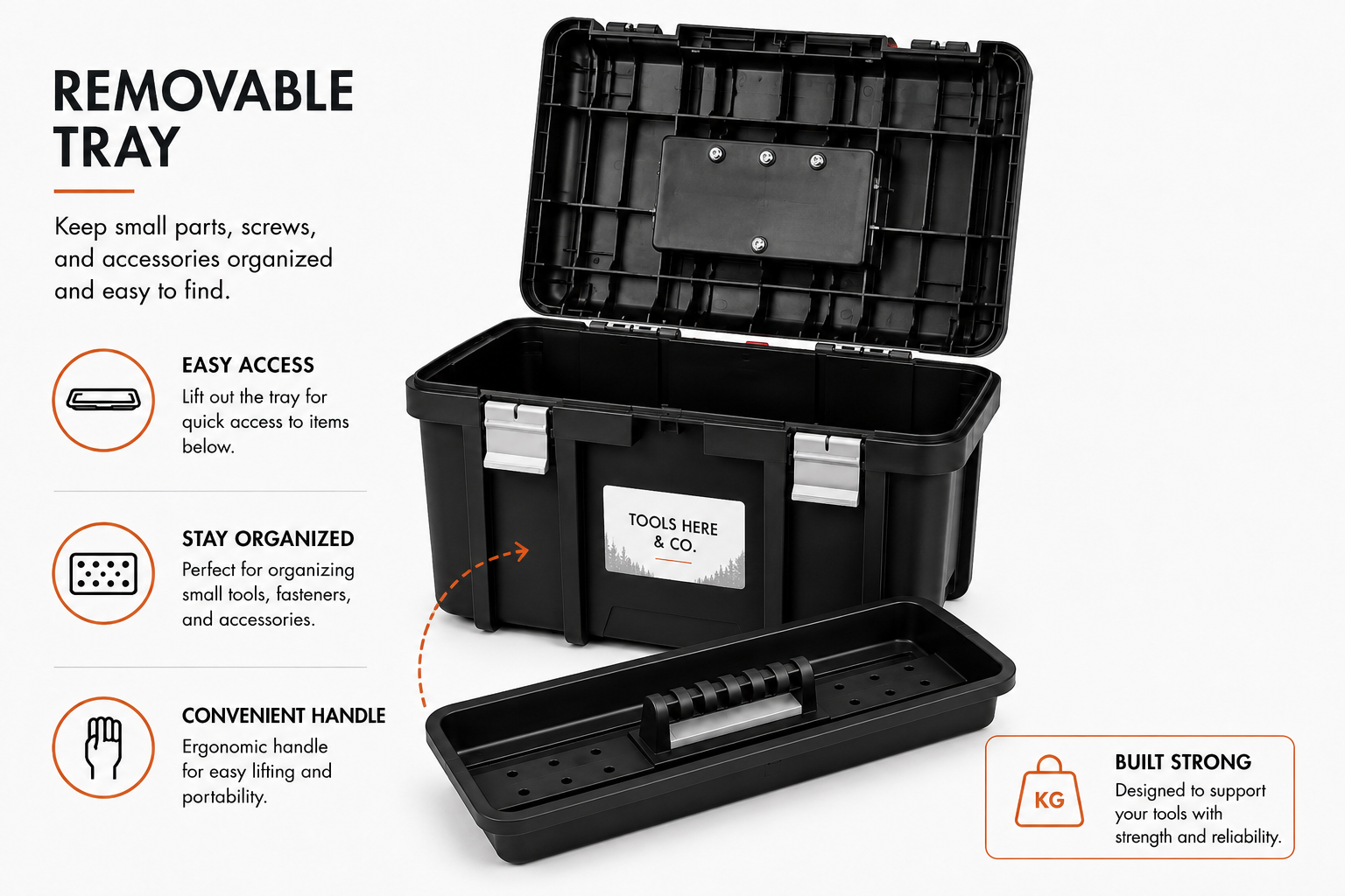 TOOLS HERE Jumbo Toolbox open with removable tray and storage compartments