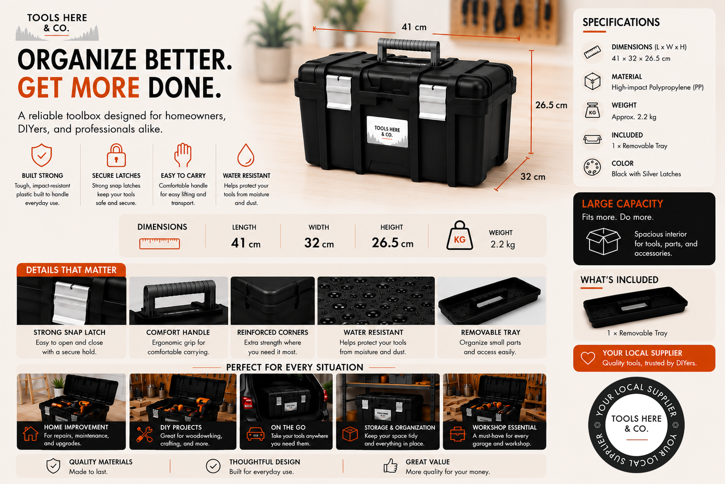 TOOLS HERE Jumbo Toolbox specifications, dimensions and accessories