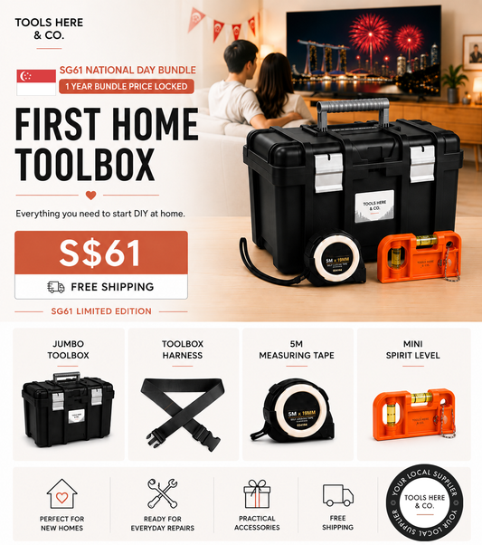 SG61 National Day Bundle – First Home Toolbox | Jumbo Toolbox, Toolbox Harness, 5m Measuring Tape, Mini Spirit Level | S$61 Free Shipping | 1 Year Bundle Price Locked | Tools Here & Co.